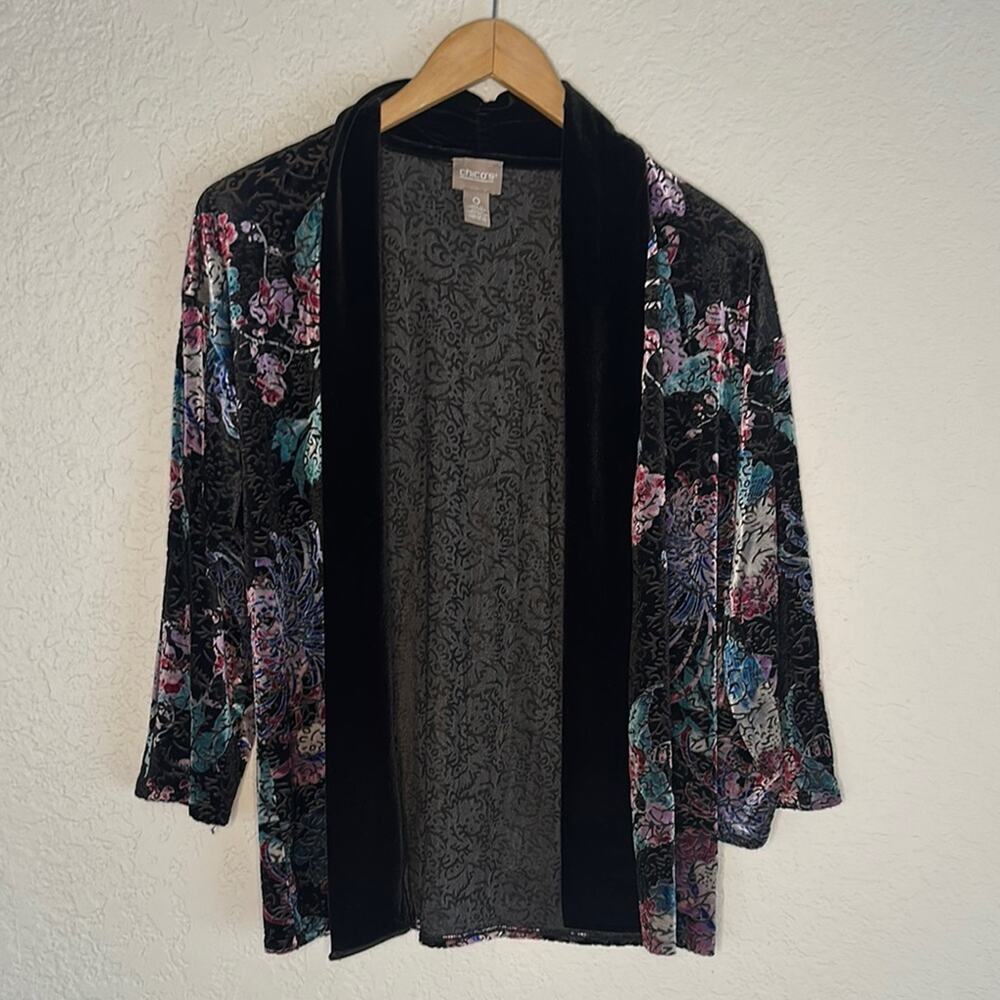 Chico’s Burnout Velvet Cardigan Sweater Shrug Black Purple Goth Witchy Dark